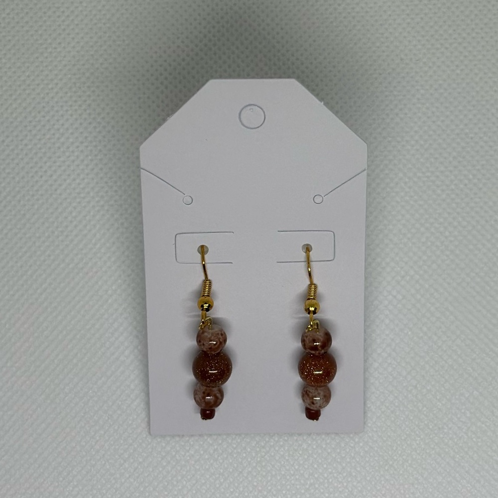 Handmade Gold Fishhook Earrings with Brown Glitter and Splatter Beads